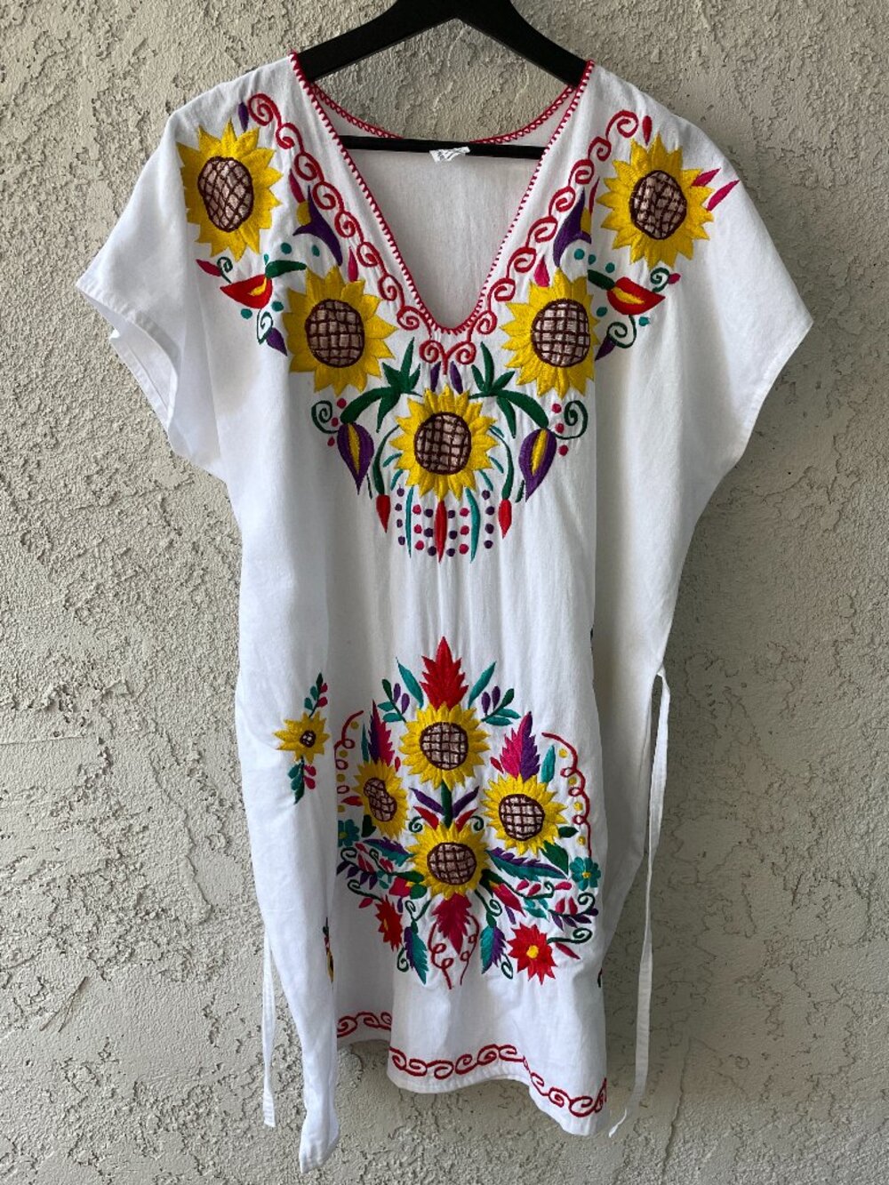 Embroidered Sunflower Mexican Puebla Tunic Dress White Boho Floral Size Large